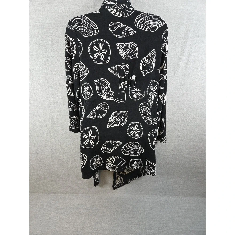 CHICOS‎ Travelers 2 Size L SEASHELLS Sandollar Open Cardigan Asymmetric Black